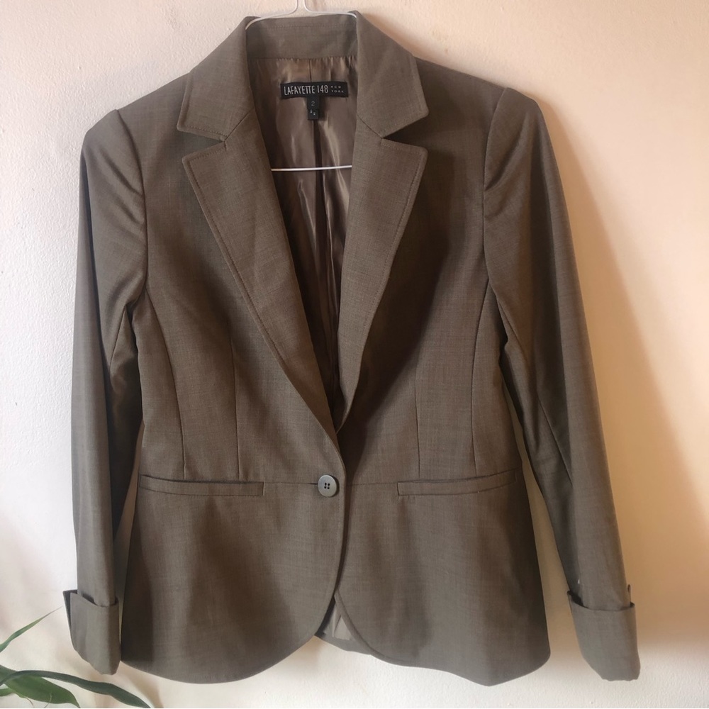 ❤️Lafayette 148 New York Wool Blend Blazer Jacket Green Brown Taupe Size 2